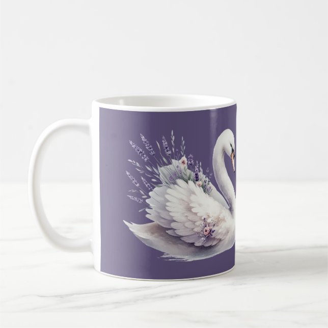 Vattenfärg Svan med Lavender Blommigt Kaffemugg (Vänster)