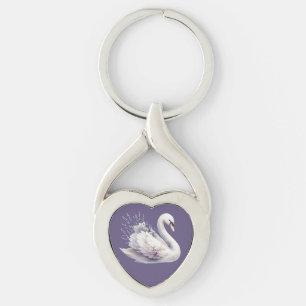 Vattenfärg Svan med Lavender Blommigt Twisted Heart Silverfärgad Nyckelring