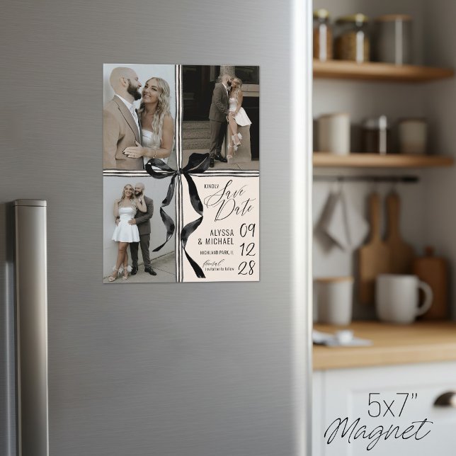 Vattenfärg Svart Båge 3 Foto Bröllop Spara Datum Magnetisk Inbjudningskort (Watercolor ivory and black bow 3 photo modern elegant classic simple wedding save the date magnet)