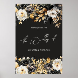 Vattenfärg Svart Guld Blommig Bröllopsaffisch Poster
