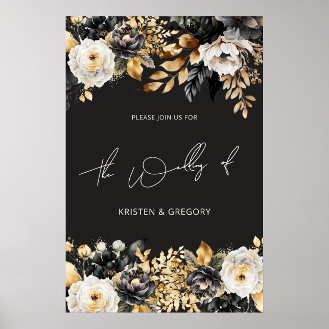 Vattenfärg Svart Guld Blommig Bröllopsaffisch Poster (Framsidan)