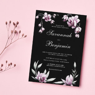 Vattenfärg svart lila rosa orkidé floral bröllop inbjudningar