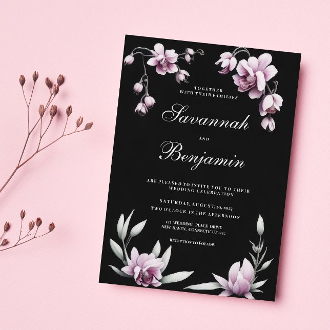 Vattenfärg svart lila rosa orkidé floral bröllop  inbjudningar (Watercolor black lilac pink orchid floral wedding)