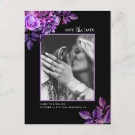 Vattenfärg svart och lila blomster Save the Date Vykort