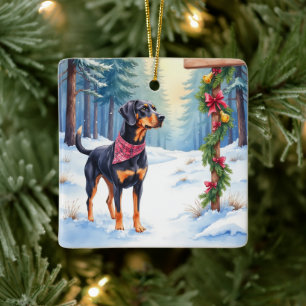 Vattenfärg Svart och Tan Coonhound Skogsväg Julgransprydnad Keramik
