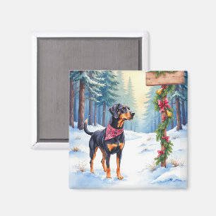 Vattenfärg Svart och Tan Coonhound Skogsväg Magnet