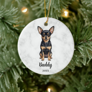 Vattenfärg Svart Tan Chihuahua Hund Namn Minnesmär Julgransprydnad Keramik