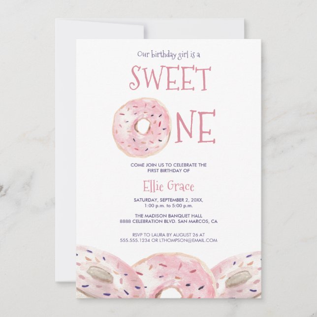 Vattenfärg Sweet One Donut Tema 1:a födelsedag Boh Inbjudningar (Framsida)