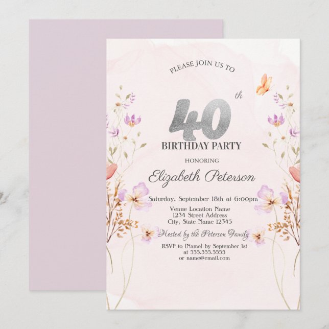 Vattenfärg Syrliga Vildblommor Lila 40-årsdag Inbjudningar (Fram/baksida)
