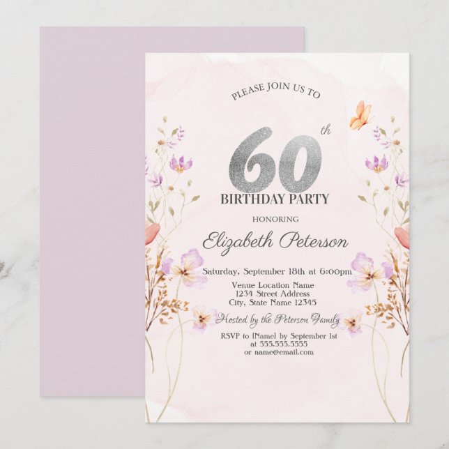 Vattenfärg Syrlilafärgad Vildblommor Lila 60-årsda Inbjudningar (Fram/baksida)