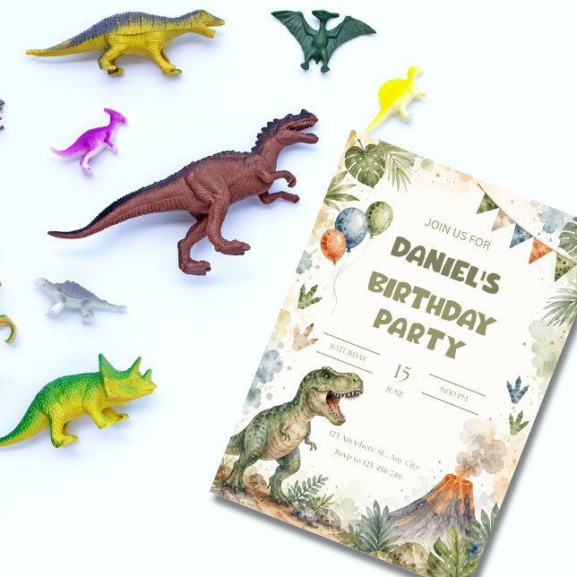 Vattenfärg T-Rex dinosaurie födelsedagsfest Inbjudningar (Skapare uppladdad)
