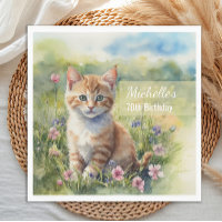 Vattenfärg Tabby Katt Husdjur Äng 70-årsdag
