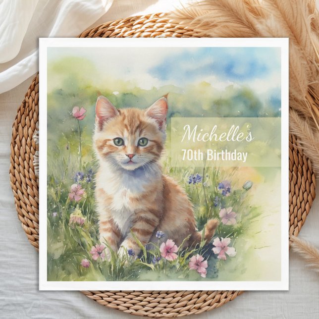 Vattenfärg Tabby Katt Husdjur Äng 70-årsdag Pappersservett (Cat birthday party paper napkins)