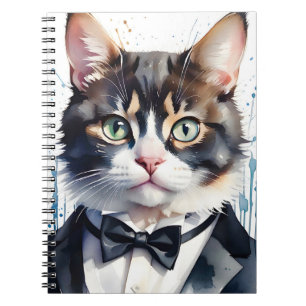 Vattenfärg Tabby katt i ett Tuxedo- och Black Bow Anteckningsbok