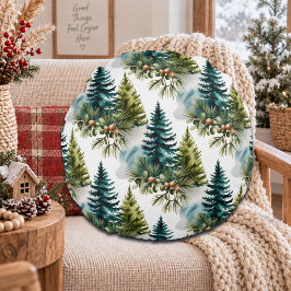 Vattenfärg Tall Mönster Elegant Vinter Rund Kudde