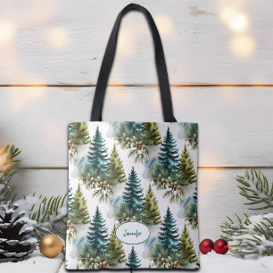 Vattenfärg Tall Mönster Elegant Vinter Tygkasse