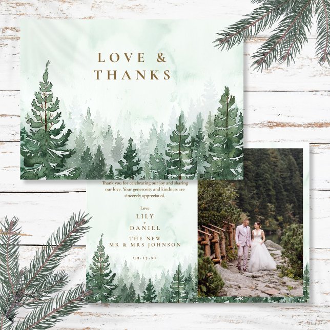 Vattenfärg Tall Skog Bröllopsfoto Tack Kort (Watercolor Pine Tree Forest Wedding Photo Thank You Card)