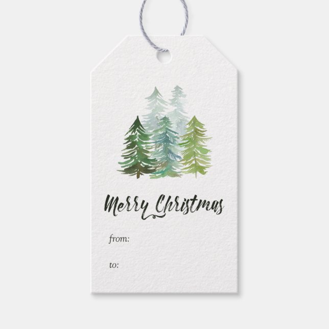 Vattenfärg Tallar Jul Presentetikett (Framsidan)