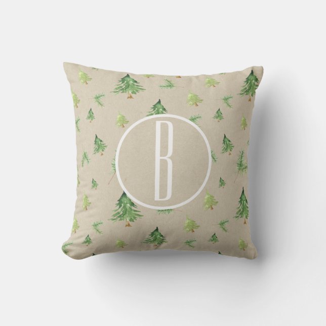 Vattenfärg Tallar Kraft Monogram initial Kudde (Framsida)