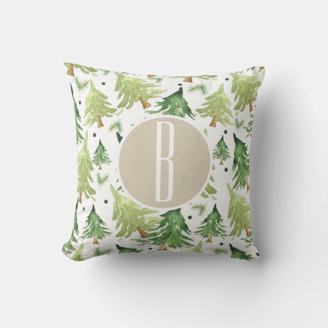 Vattenfärg Tallar Modern Rustik Monogram Kraft Kudde (Framsida)