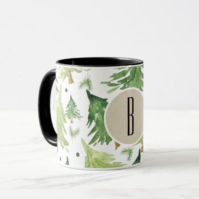 Vattenfärg Tallar Modern Rustik Monogram Kraft Mugg (Framsida vänster)