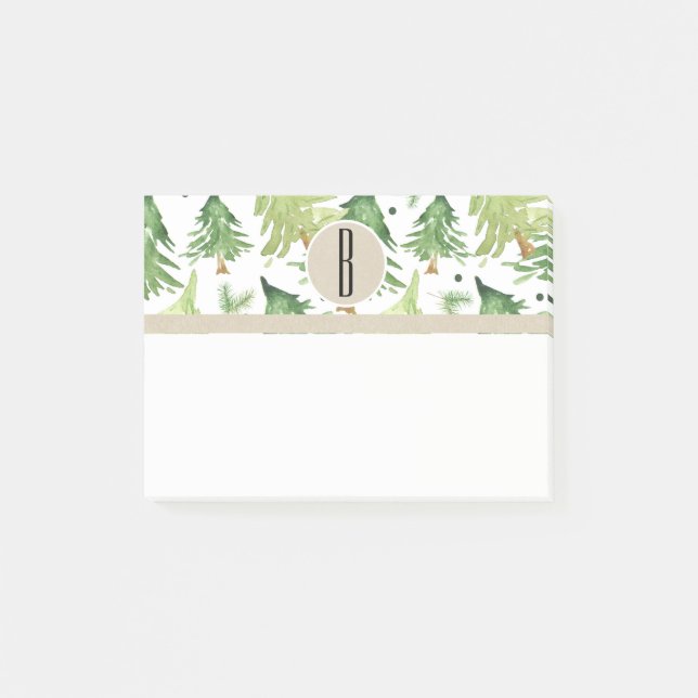 Vattenfärg Tallar Modern Rustik Monogram Kraft Post-it Block (Framsida)