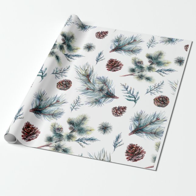 Vattenfärg Tallkottensprig Christmas Presentpapper (Utrullad)