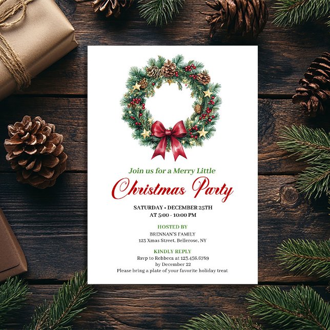 Vattenfärg Tallkrans Julfest Kort (Watercolor Pine Wreath Christmas Party Card)