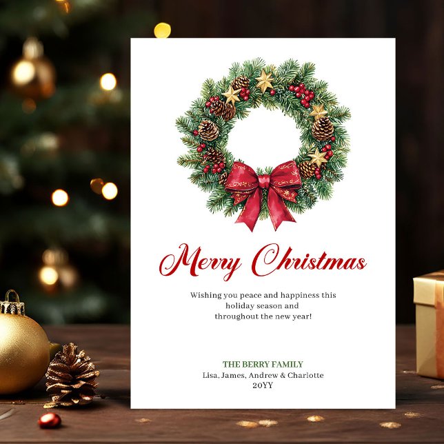 Vattenfärg Tallkrans Julhälsning Design Julkort (Watercolor Pine Wreath Christmas Greeting Design)
