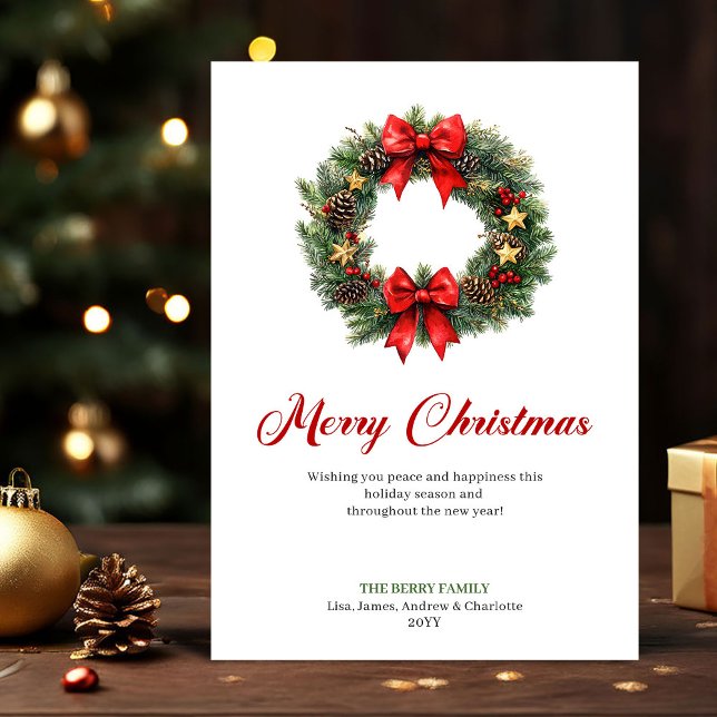 Vattenfärg Tallkrans Julhälsning Digital Julkort (Watercolor Pine Wreath Christmas Greeting Printable)