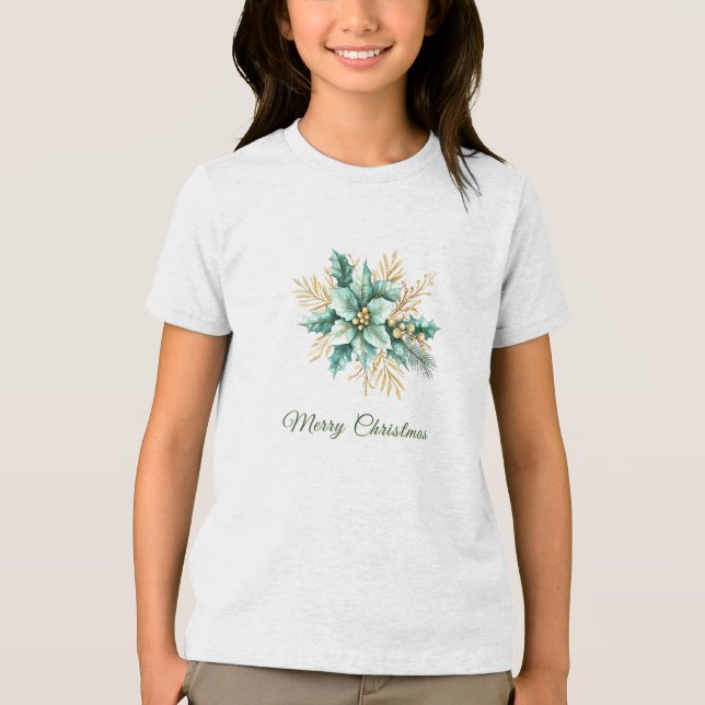 Vattenfärg Teal Blommigt Jul Helgdag T-Shirt (Framsida)