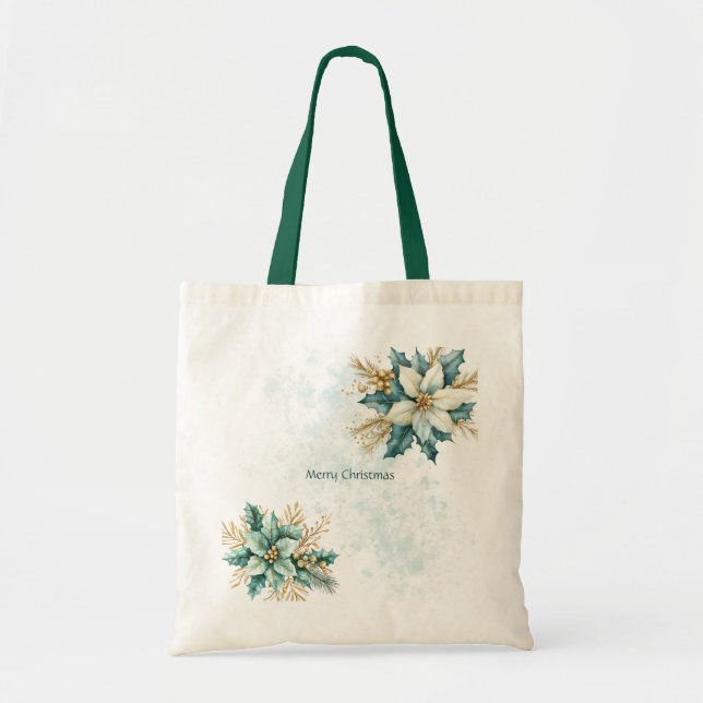 Vattenfärg Teal Blommigt jul Helgdag Tote Bag Tygkasse (Framsidan)
