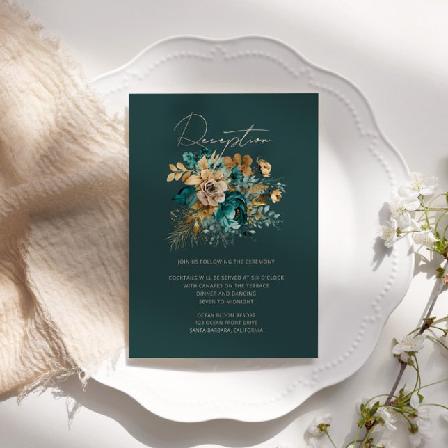 Vattenfärg Teal Guld Blommig Mottagning Tilläggskort (Skapare uppladdad)