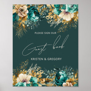 Vattenfärg Teal Guld Bröllop Gästbok Poster