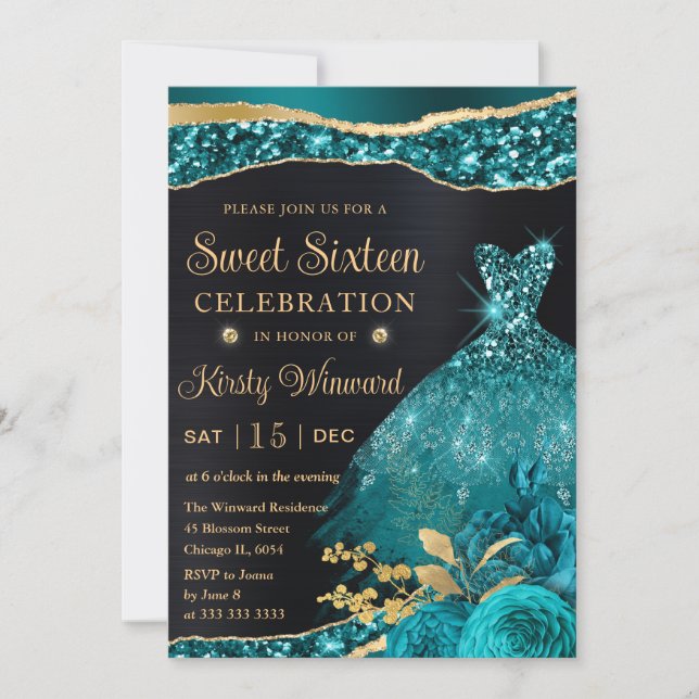 Vattenfärg Teal & Guld Glitter Klänning Sweet Sixt Inbjudningar (Framsida)