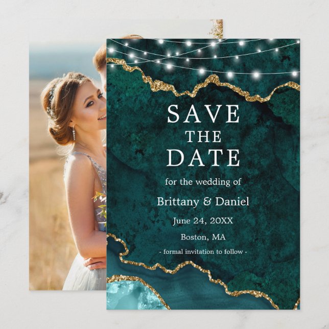 Vattenfärg Teal Marmor Agat Geod Ljussling Fotogra Spara Datumet (Fram/baksida)