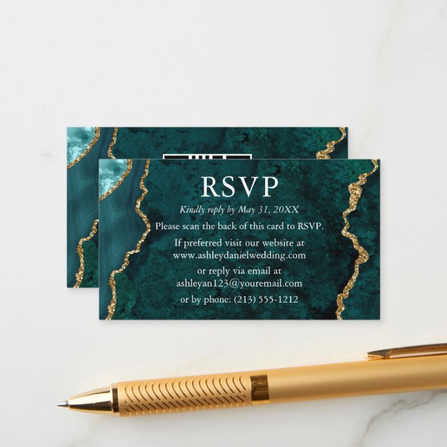 Vattenfärg Teal Marmor Bröllop RSVP QR Baksida Tilläggskort (Fram/Back In Situ)