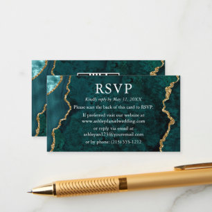 Vattenfärg Teal Marmor Bröllop RSVP QR Baksida Tilläggskort