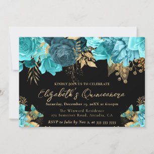 Vattenfärg Teal och Guld Blommor Quinceanera Inbjudningar