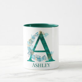 Vattenfärg Teal och Guld Monogram Bokstav A Mugg