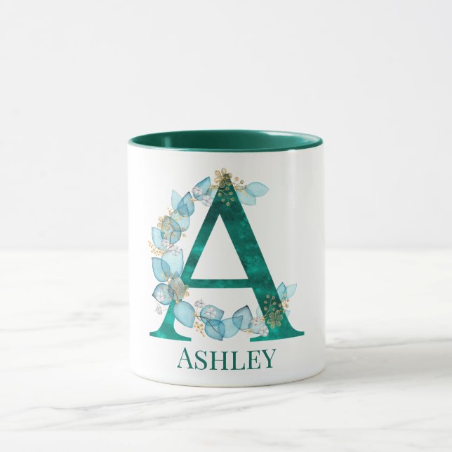 Vattenfärg Teal och Guld Monogram Bokstav A Mugg (Center)