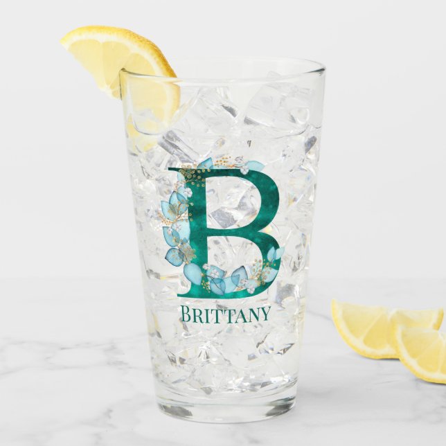 Vattenfärg Teal och Guld Monogram Bokstav B Glaskopp (Framsida Ice)