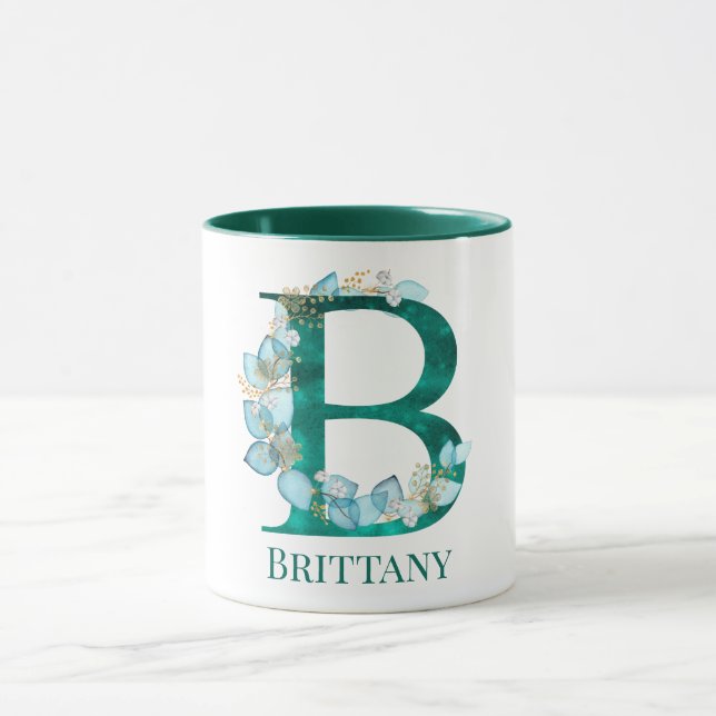 Vattenfärg Teal och Guld Monogram Bokstav B Mugg (Center)