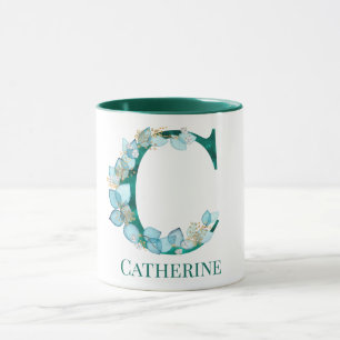 Vattenfärg Teal och Guld Monogram Bokstav C Mugg