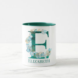 Vattenfärg Teal och Guld Monogram Bokstav E Mugg