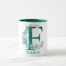 Vattenfärg Teal och Guld Monogram Bokstav F Mugg