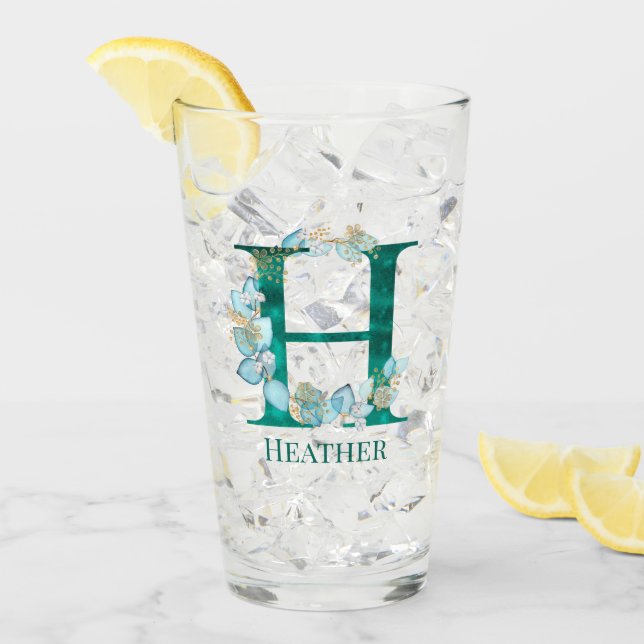 Vattenfärg Teal och Guld Monogram Bokstav H Glaskopp (Framsida Ice)