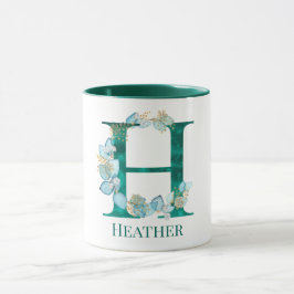 Vattenfärg Teal och Guld Monogram Bokstav H Mugg
