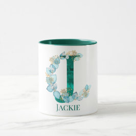 Vattenfärg Teal och Guld Monogram Bokstav J Mugg