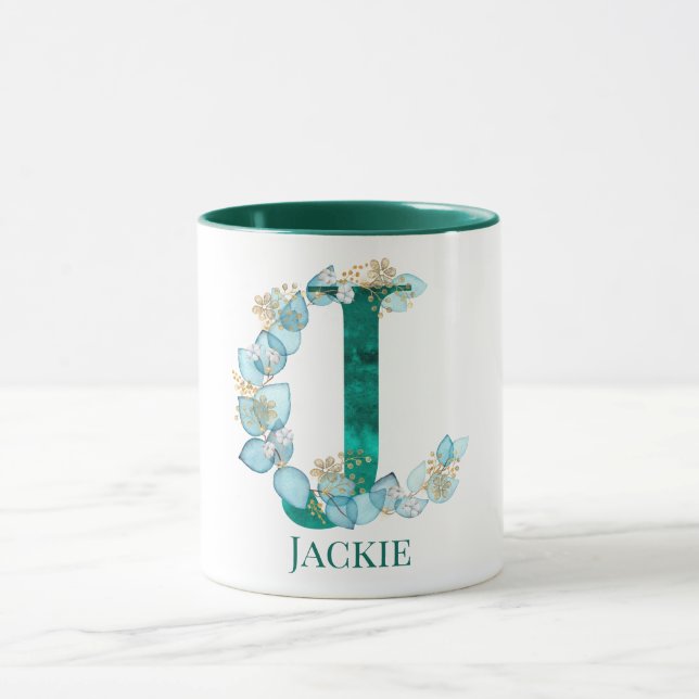 Vattenfärg Teal och Guld Monogram Bokstav J Mugg (Center)